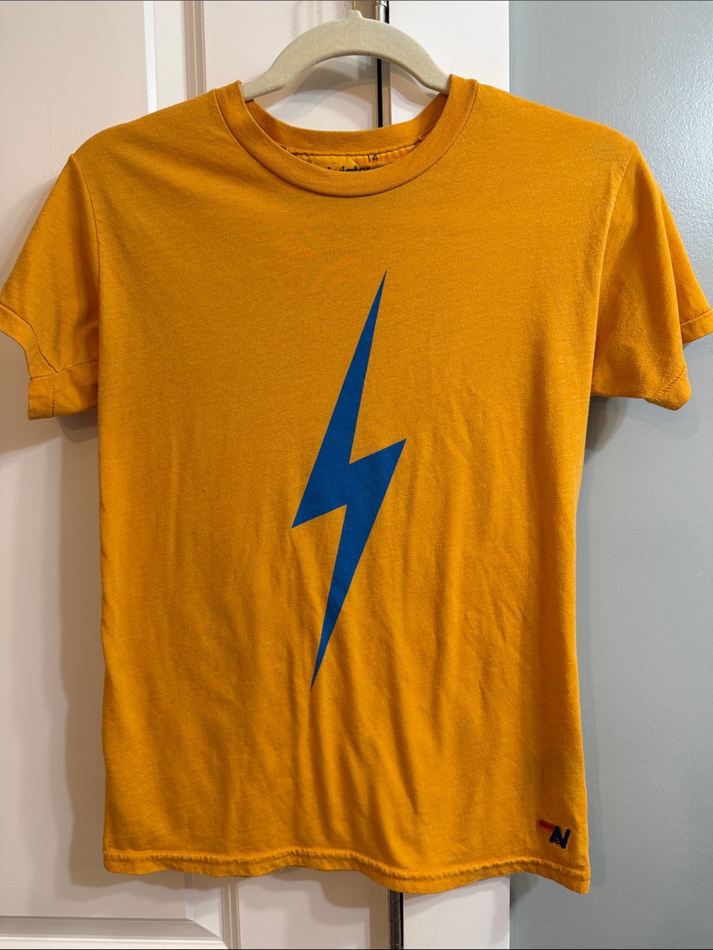 Aviator Nation Kids 14 (adult XS) Mustard Yellow Lightning bolt Graphic Tee